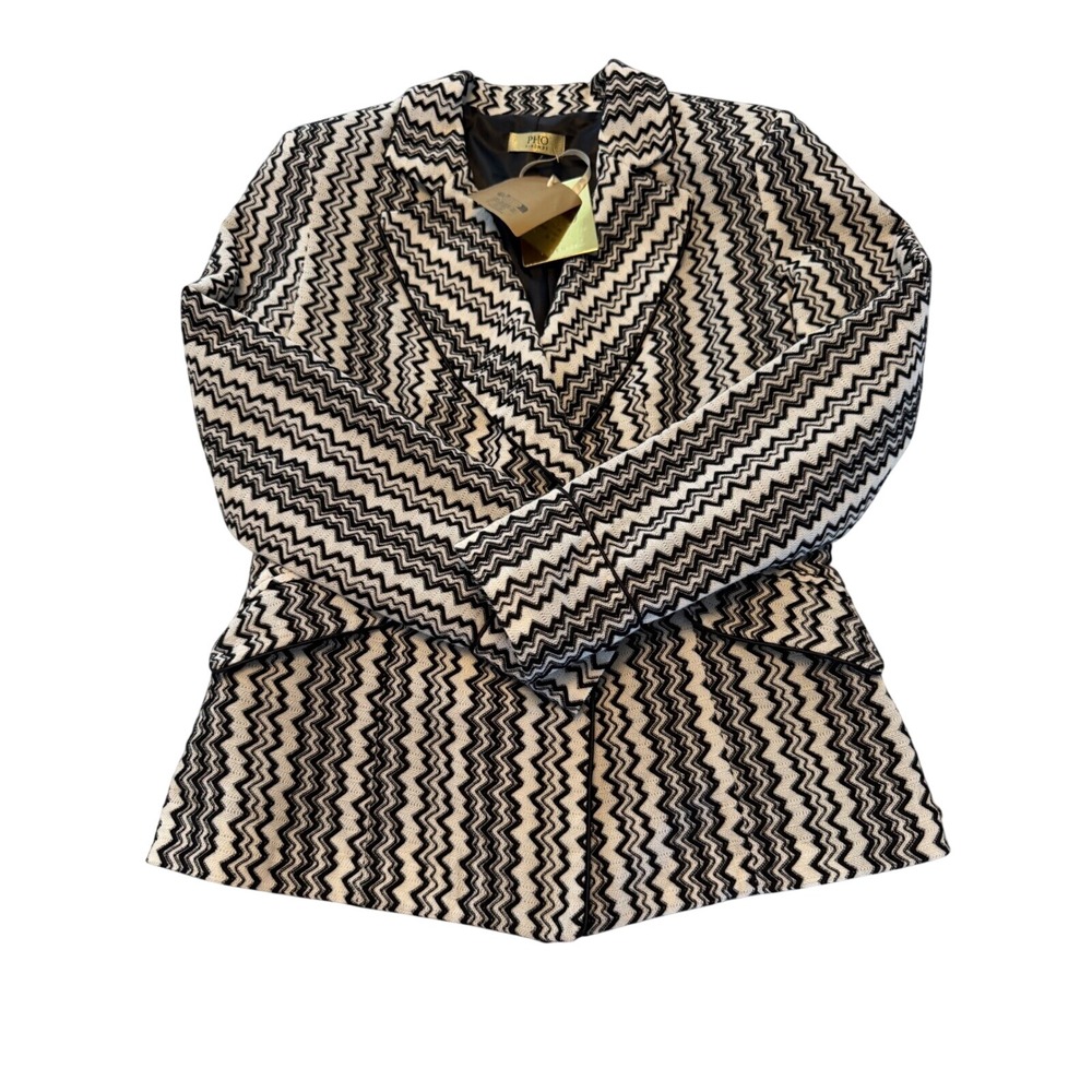 Pho Firenze Women Black White Chevron Wave Blazer Jacket Italy 4322101 XS